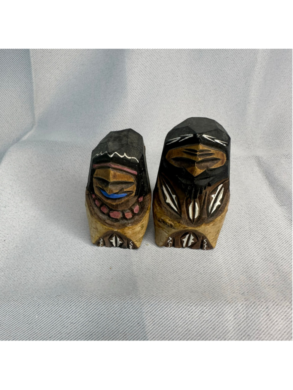 Vintage Japanese Ainu Nipopo Wooden Dolls Hokkaido Hand Carved Folk Art Pair